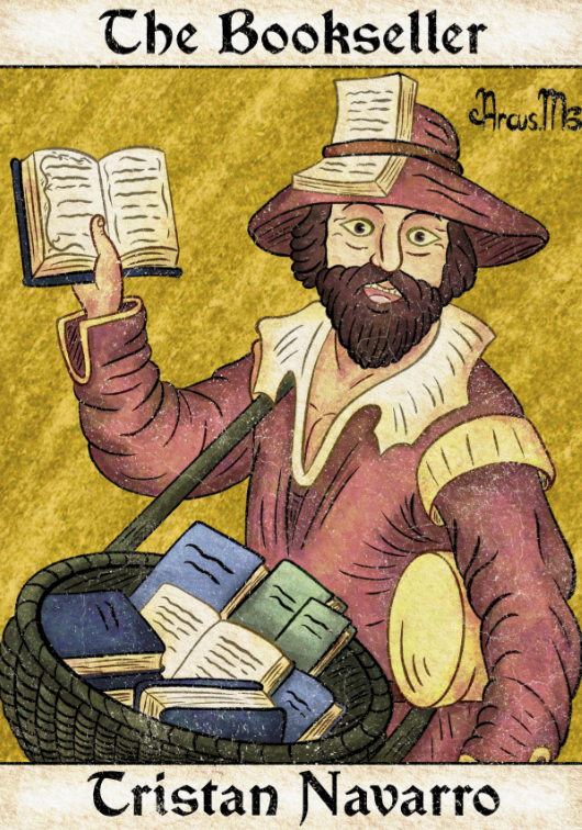 Cartoon of Tristan as a medieval bookseller